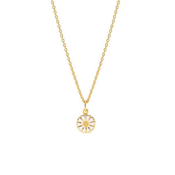 Lund Copenhagen marguerit 24 karat forgyldt vedhæng med hvid emalje, 36-38 cm kæde